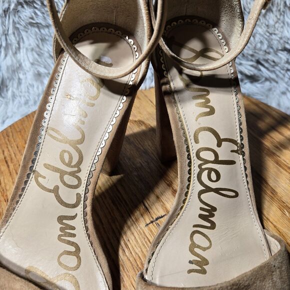 Sam Edelman Womens 7M Suede Ankle Strap Chunky High Heels Camel Pumps Winter Dis - Picture 5 of 9